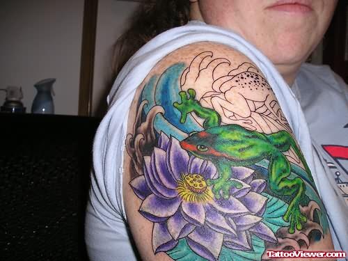 Frog On Flower Tattoo On Shoulder