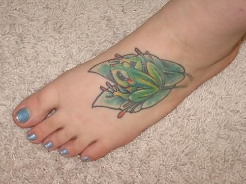 Frog Sitting On Leafs Tattoo On Foot