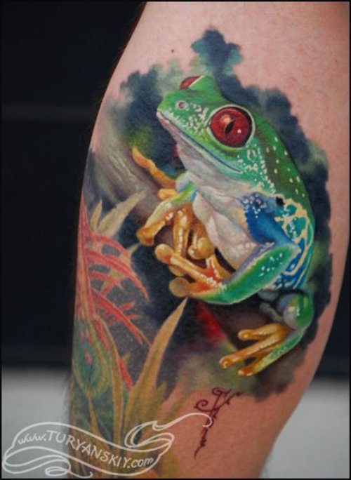 Back Leg Colored Frog Tattoo