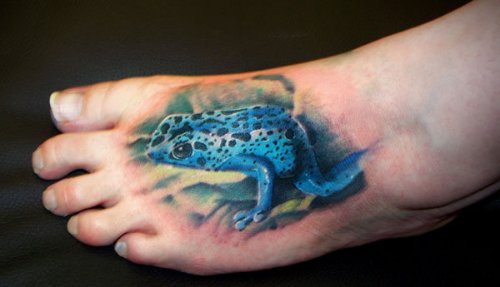Blue Frog Tattoo On Left Foot