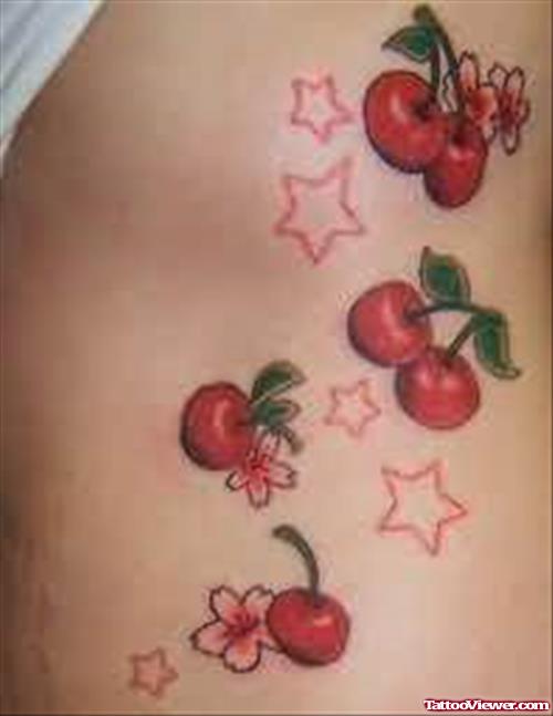 Awesome Cherry And Stars Tattoo On Rib