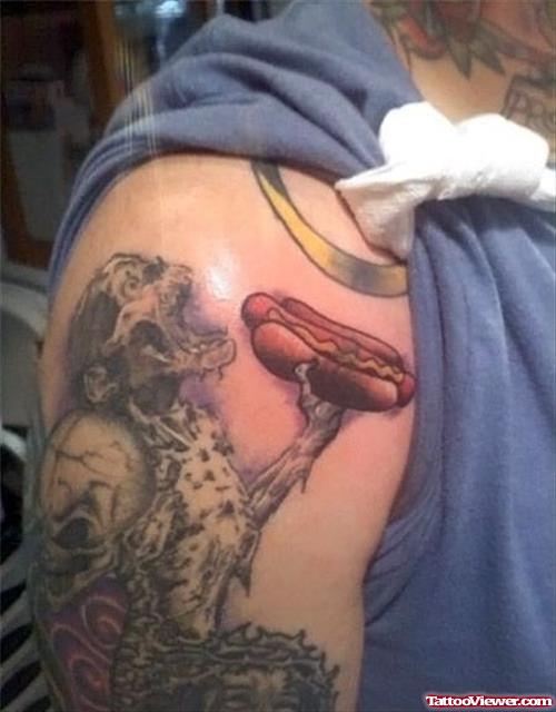 Funny Hot Dog Tattoo On Shoulder