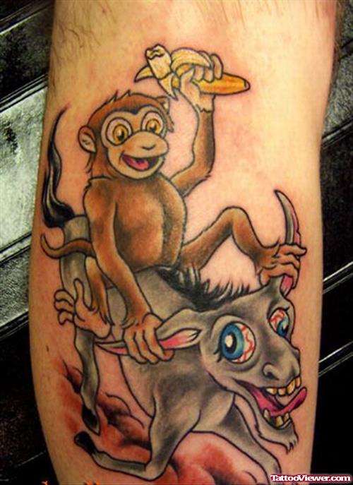 Funny Monkey Sitting On Donkey Tattoo