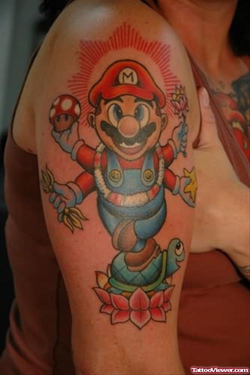 Mario Funny Tattoo On Shoulder