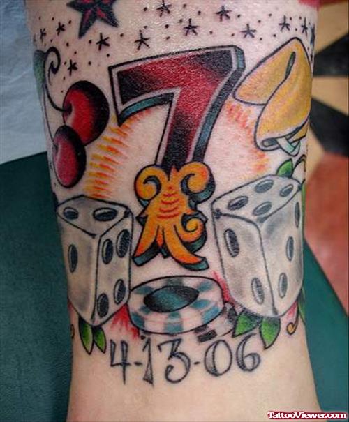 Grey Ink Dice And Gambling Tattoo On Arm