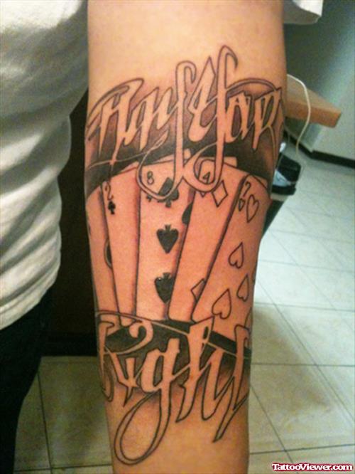 Grey Ink Cards Gambling Tattoo On Left Arm