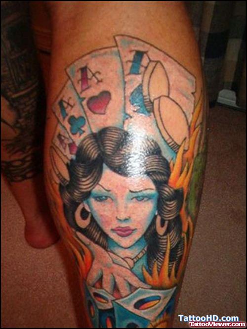 Gambling Girl Head and Cards Tattoo On Right Leg