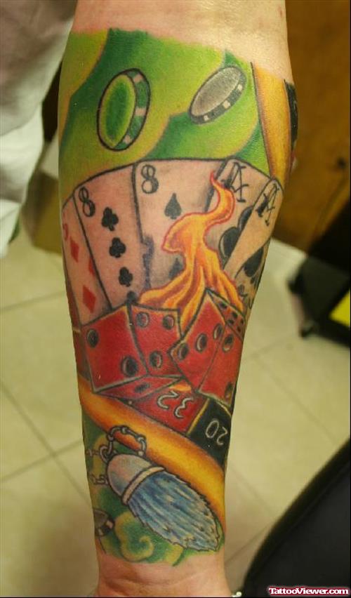 Colored Flaming Dice And Cards Gambling Tattoo