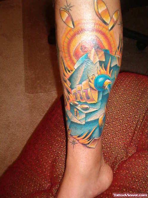 Awesome Colroed Gambling Tattoo On Leg