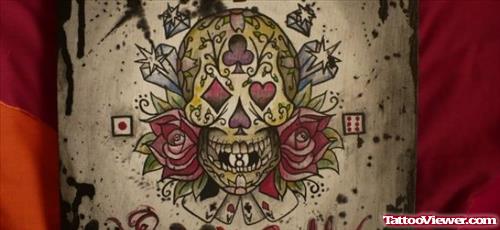 Sugar skull And Rose Flowers Gambling Tattoo