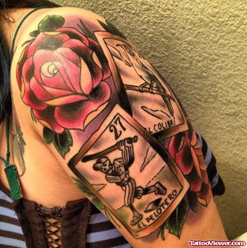 Red Rose And Poker Card Gambling Tattoo On Half Sleeve