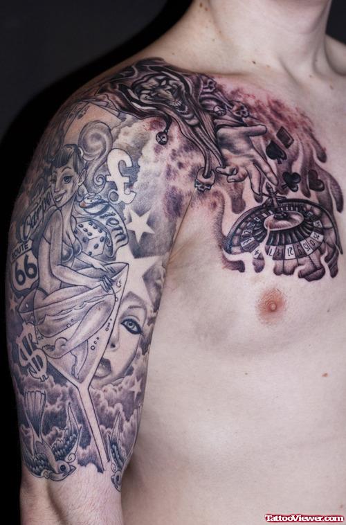 Grey Ink Gambling Tattoo On Right Half Sleeve And Chest