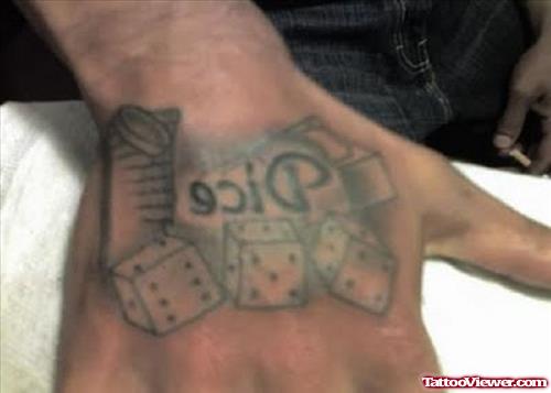 Grey Ink Dice Gambling Tattoo On Right Hand