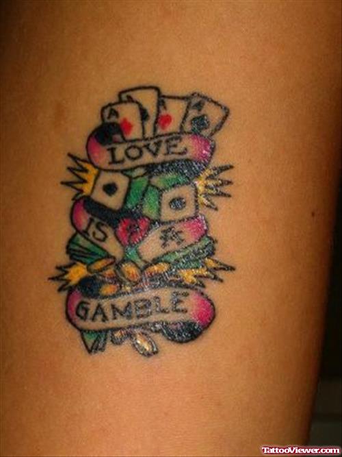 Colored Gambling Tattoo With Banner
