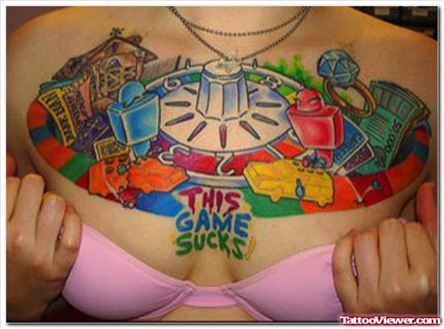 Awesome Colored Gambling Tattoo On Girl Chest