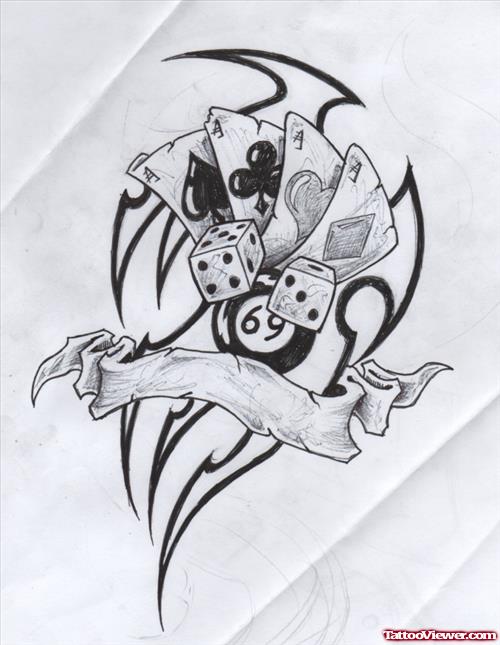 Tribal And Cards With Dice Gambling Tattoo Design