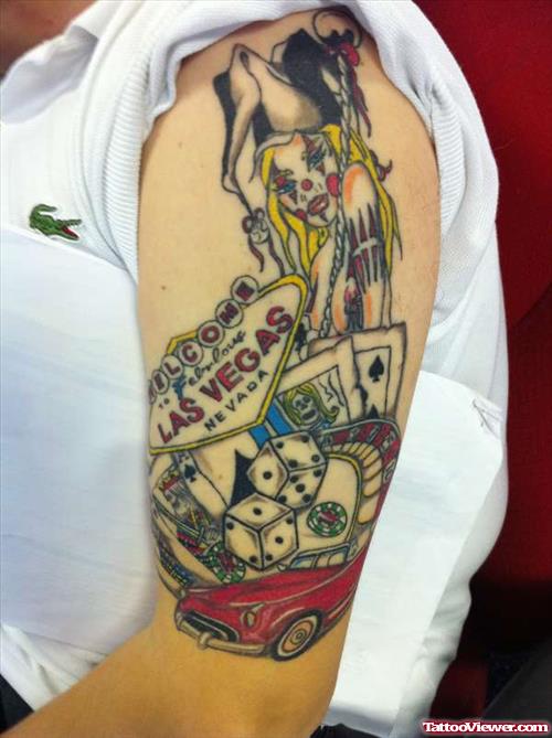 Las Vegas Gambling Tattoo On Left Half Sleeve