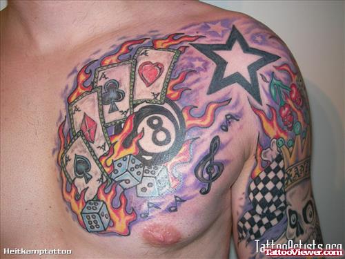 Flaming Cards And Dice Gambling Tattoo On Chest
