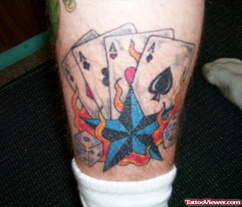 Flaming Blue Nautical Star And Cards Gambling Tattoo