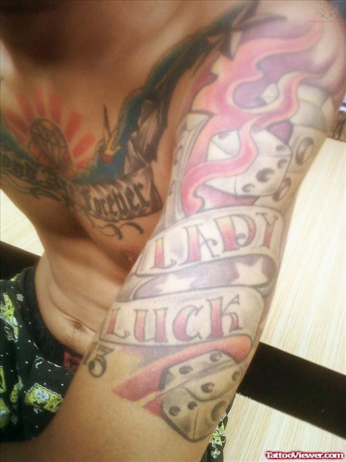 Banner And Dice Gambling Tattoo On Left Half Sleeve