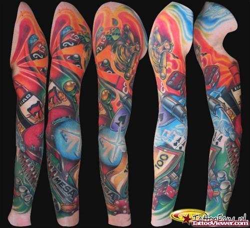 Awesome Colored Sleeve Gambling Tattoo
