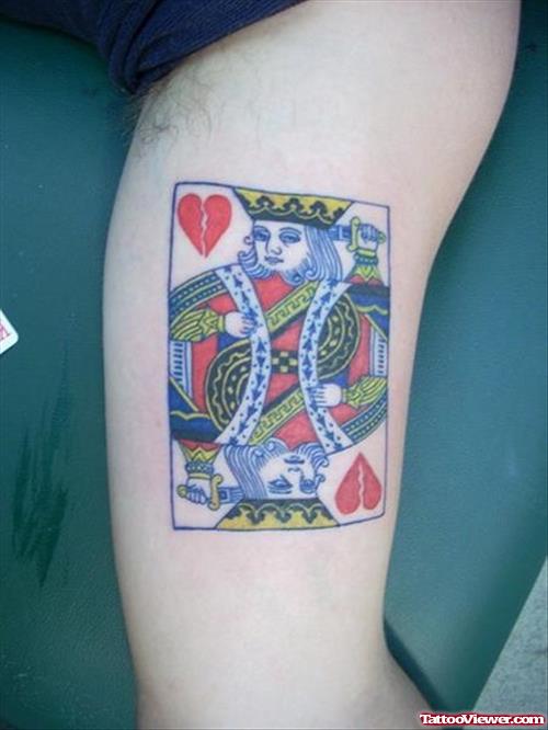 Awesome Colored King Card Gambling Tattoo On Bicep