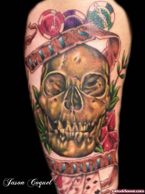 Skull And Banner Tattoo On Half Sleeve