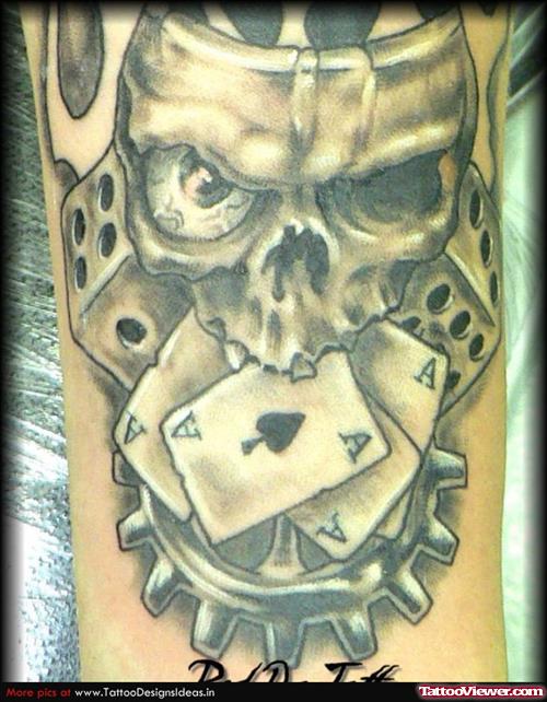 Grey Ink Skull And Cards Gambling Tattoo