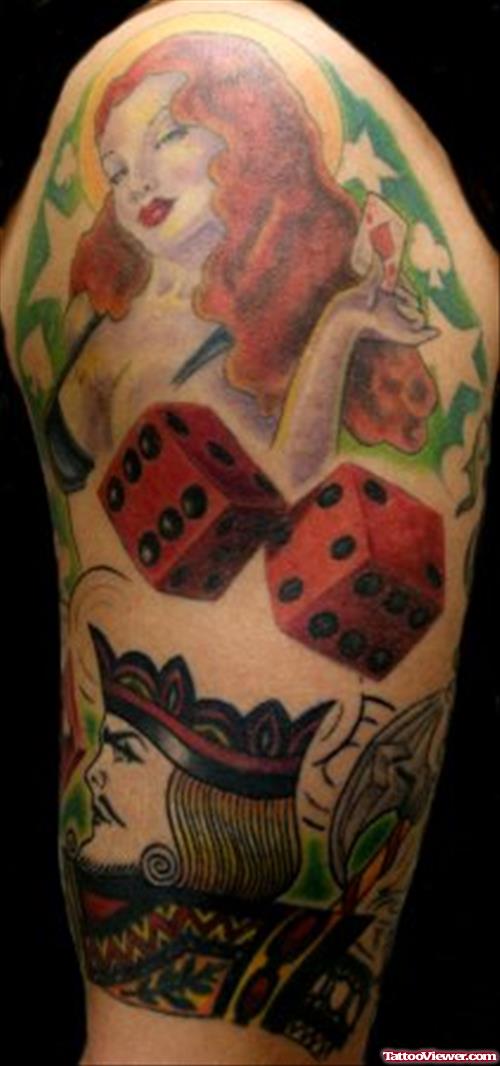 Girl Head And Red Dice Gambling Tattoo On Arm