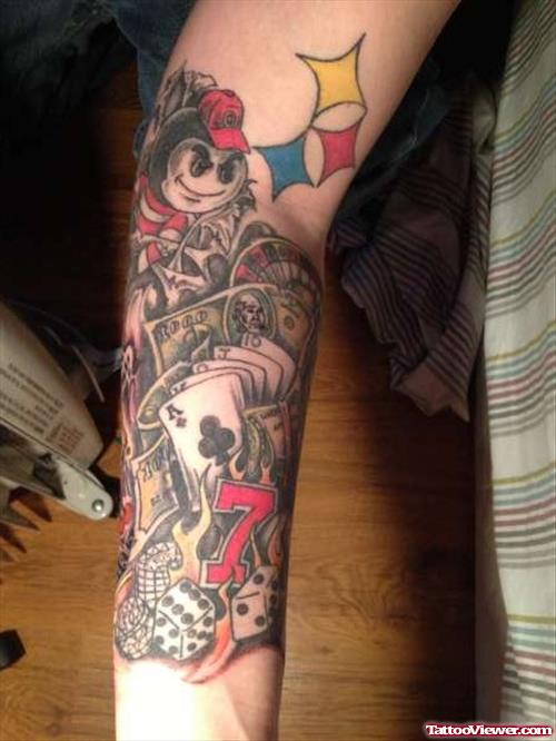 Cards And Dice Gambling Tattoo On Right Arm
