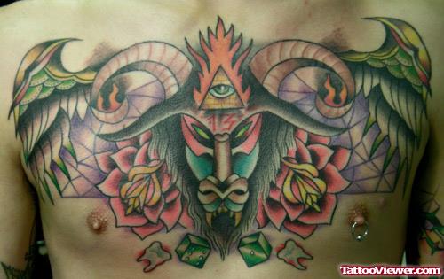 Awesome Red Flowers And Gambling Tattoo On Man Chest