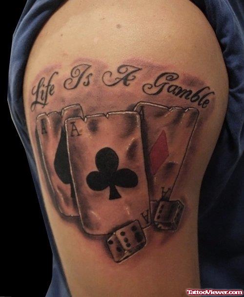 Life Is A Gamble Poker Card Tattoo On Right Half Sleeve