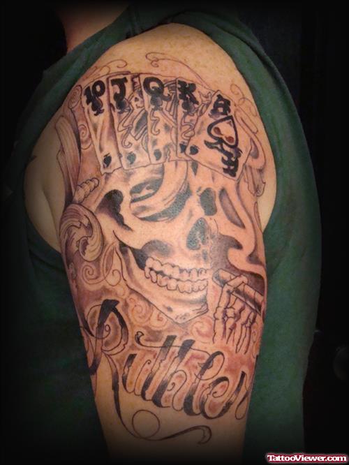 Grey Ink Skull With Poker Cards Gambling Tattoo
