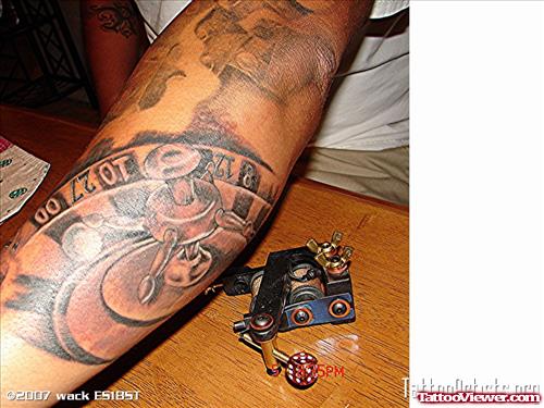 Grey Ink Gambling Tattoo On Arm