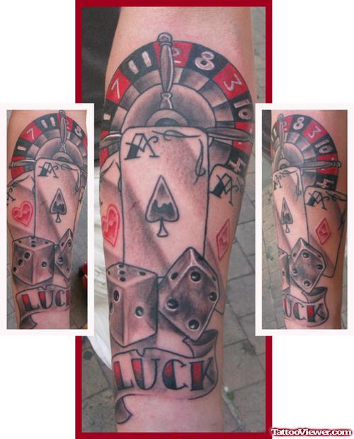 Grey Ink Dice and Card Gambling Tattoo