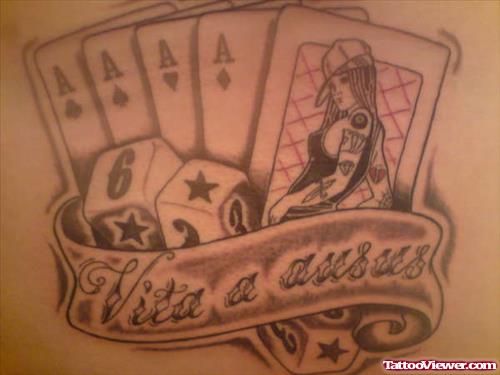 Grey Ink Banner and Cards Gambling Tattoo