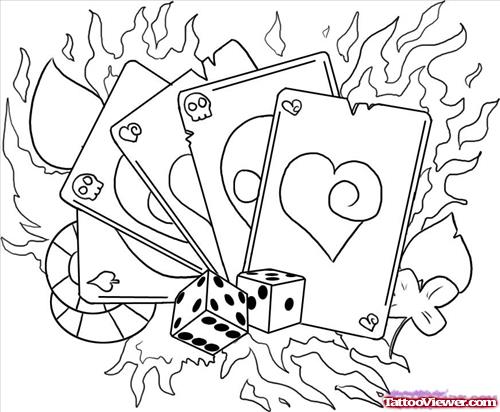 Dice And Flaming Cards Gambling Tattoo Design