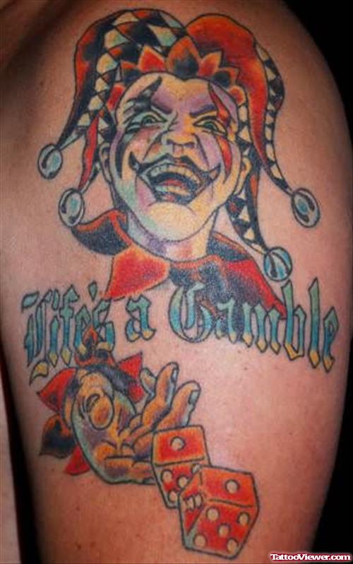 Colored Joker Head And Red Dices Gambling Tattoo On Half Sleeve