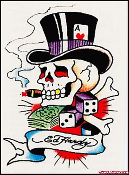 Skull With Hat and Dice Banner Gambling Tattoo Design