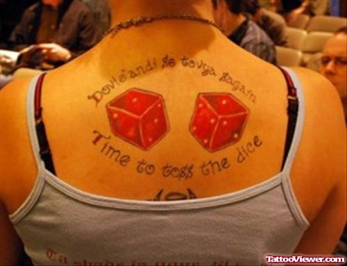 Red Ink Dice Gambling Tattoo On Upperback