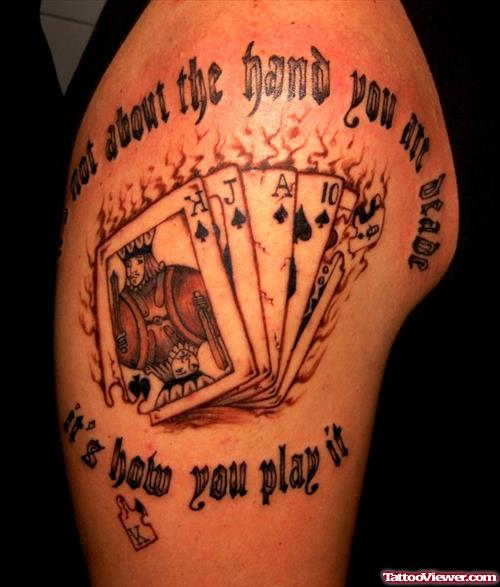 Lettering And Flaming Cards Gambling Tattoo