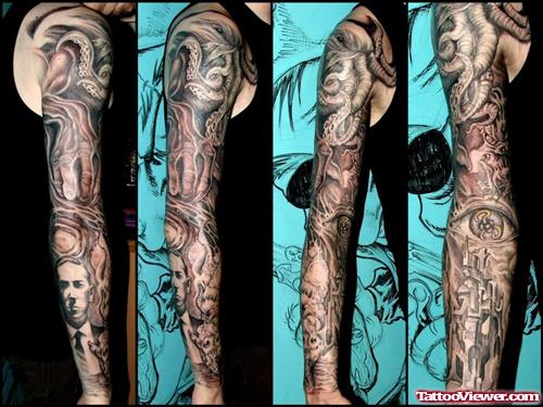 Grey Ink Gambling Tattoo On Right Arm