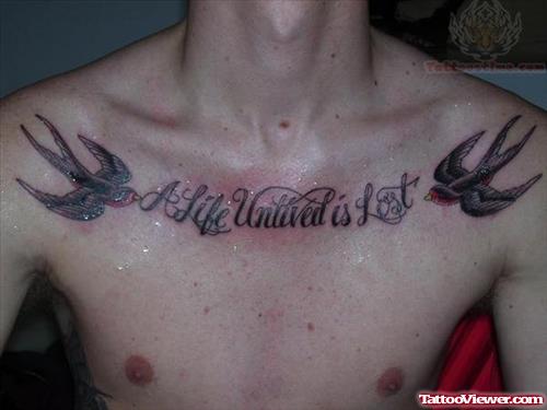 Grey Ink Flying Bird And Gambling Tattoo On Chest