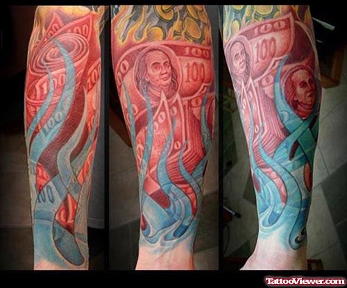 Flaming Dollar Gambling Tattoo On Arm