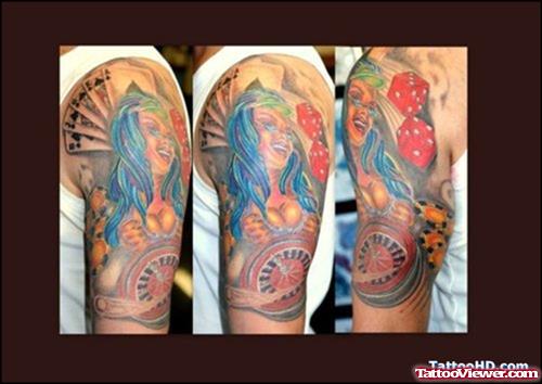 Colored Pinupgirl And Cards Gambling Tattoo