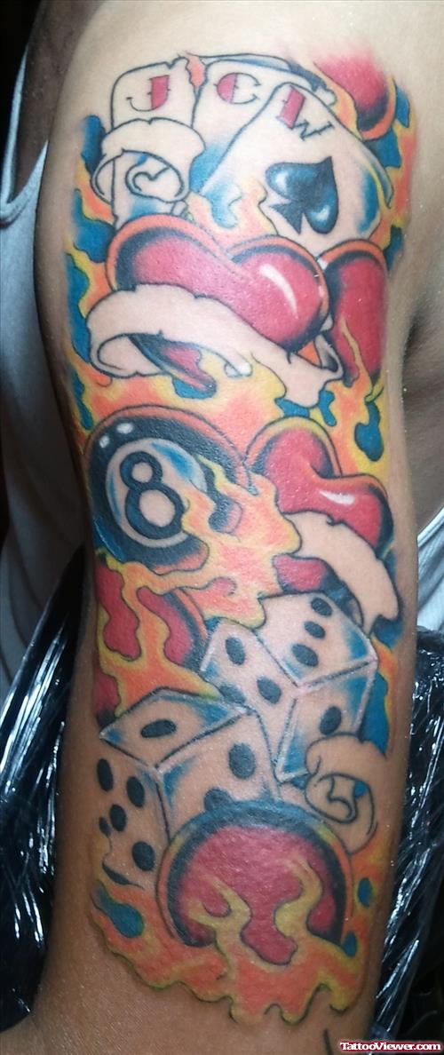 Awesome Colored Dice And Gambling Tattoo On Arm
