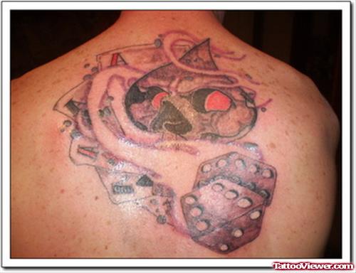Grey Ink Gambling Dice Tattoo On Back
