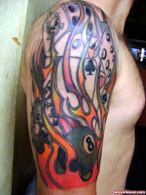 Flaming Eaightball Gambling Tattoo On Right Sleeve