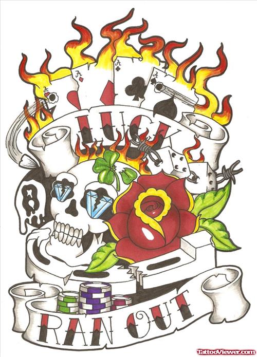 Flaming Cards And Banner Gambling Tattoo Design