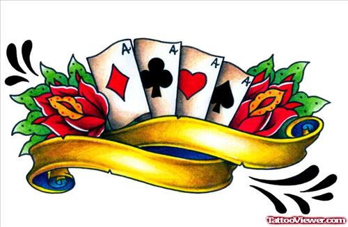 Colored Cards And Red Flowers Gambling Tattoo Design